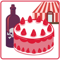 Load image into Gallery viewer, An illustration of a cake with the phrase 'Bump Off At The Bake Off' and various cartoon characters, including a person with a vegan symbol, a character with a pie, and others resembling a judge and a TV presenter.